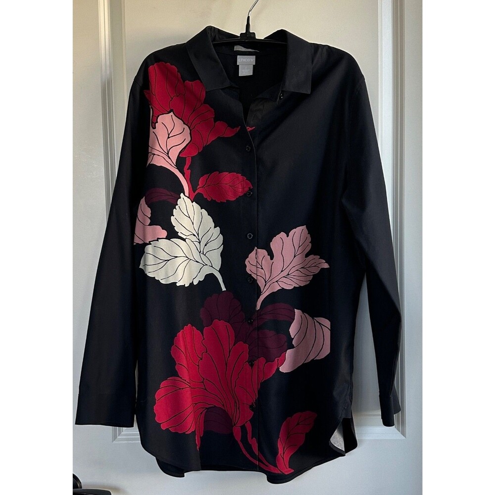 Chico's No-Iron Black Tunic w Red Pink White Floral Chico’s 2 (Large / US 12)